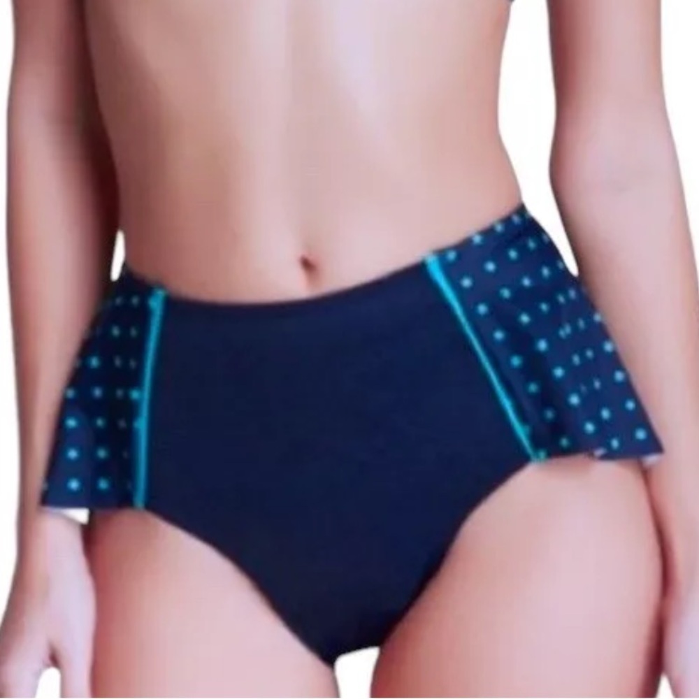 NEW SPANX Skirted Blue Polka Dot High Rise Swim Bottom Shaping Suit Size 12